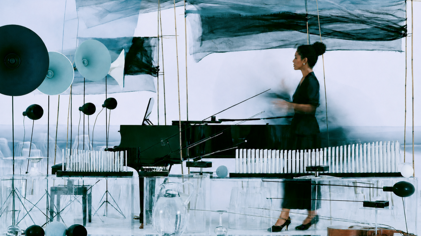 A musician in an experimental sound laboratory with a piano, speakers, chimes, and translucent fabric.