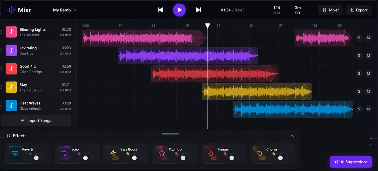 The first ChatGPT mock of Mixr: a dark editor with a song list down the left, five colored waveform lanes on a timeline, solo and mute buttons down the right, an Effects panel along the bottom holding Reverb, Echo, Bass Boost, Pitch Up, Flanger and Chorus, and a purple AI Suggestions button floating in the bottom right corner.