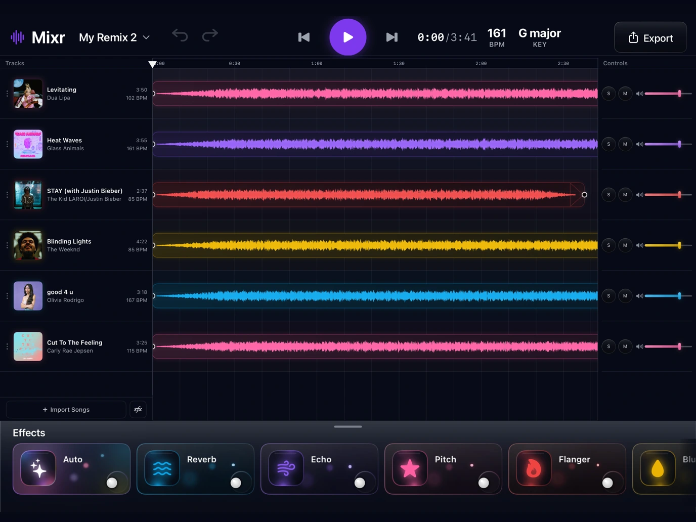 Mixr on iPad: six colored waveform lanes across the timeline, the track list down the left with artwork and BPM, solo, mute and volume down the right, and the Effects drawer along the bottom.