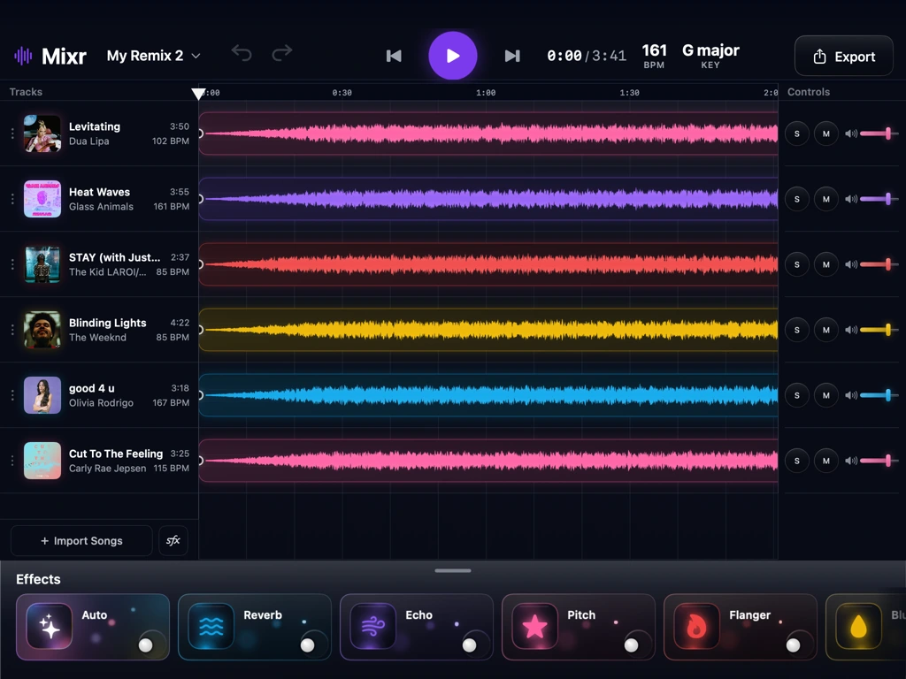 Mixr on Mac: the same six lanes in a narrower window, with the track list, controls column and Effects drawer all still in place.
