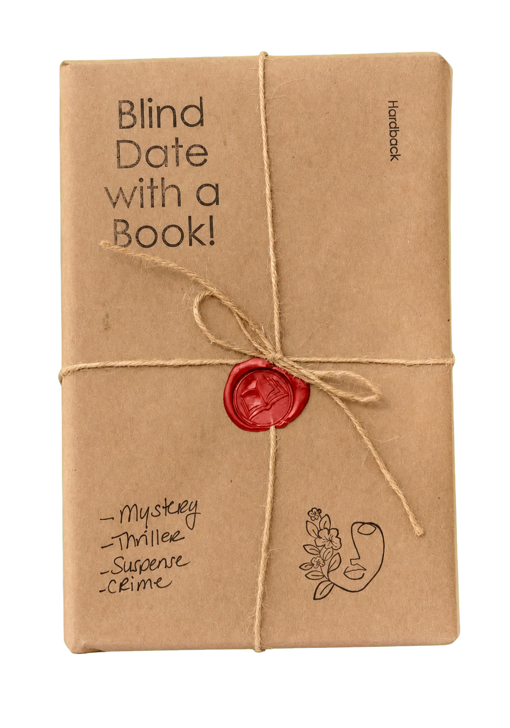 A hardback wrapped in kraft paper, tied with twine and a red wax seal, hand-lettered Blind Date with a Book with the clues mystery, thriller, suspense and crime