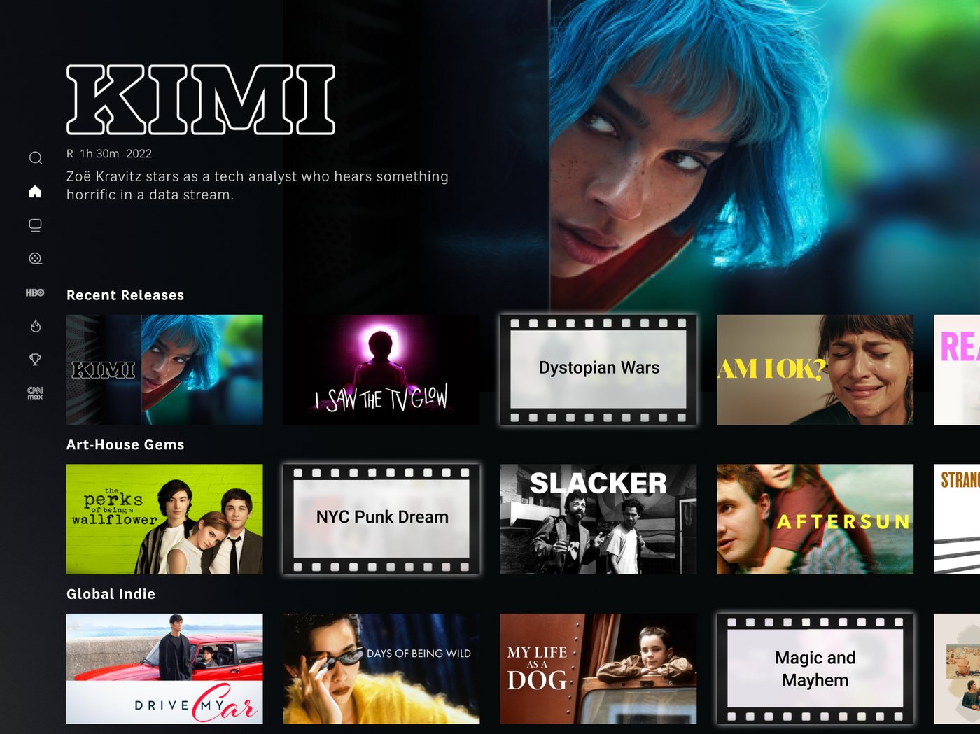 Home page with film-strip tiles scattered one per row across Recent Releases, Art-House Gems and Global Indie