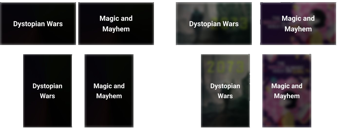 Tile treatment test: solid black tiles on the left against frosted blurred key art on the right, each shown at 16 by 9 and 2 by 3
